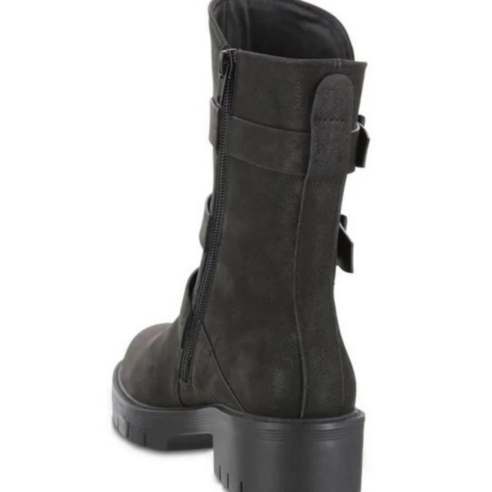 NWOT Mia Women Black Motorcycle Boots 9 Delta Buckle Biker Shoes Brushed Suede - Picture 2 of 5